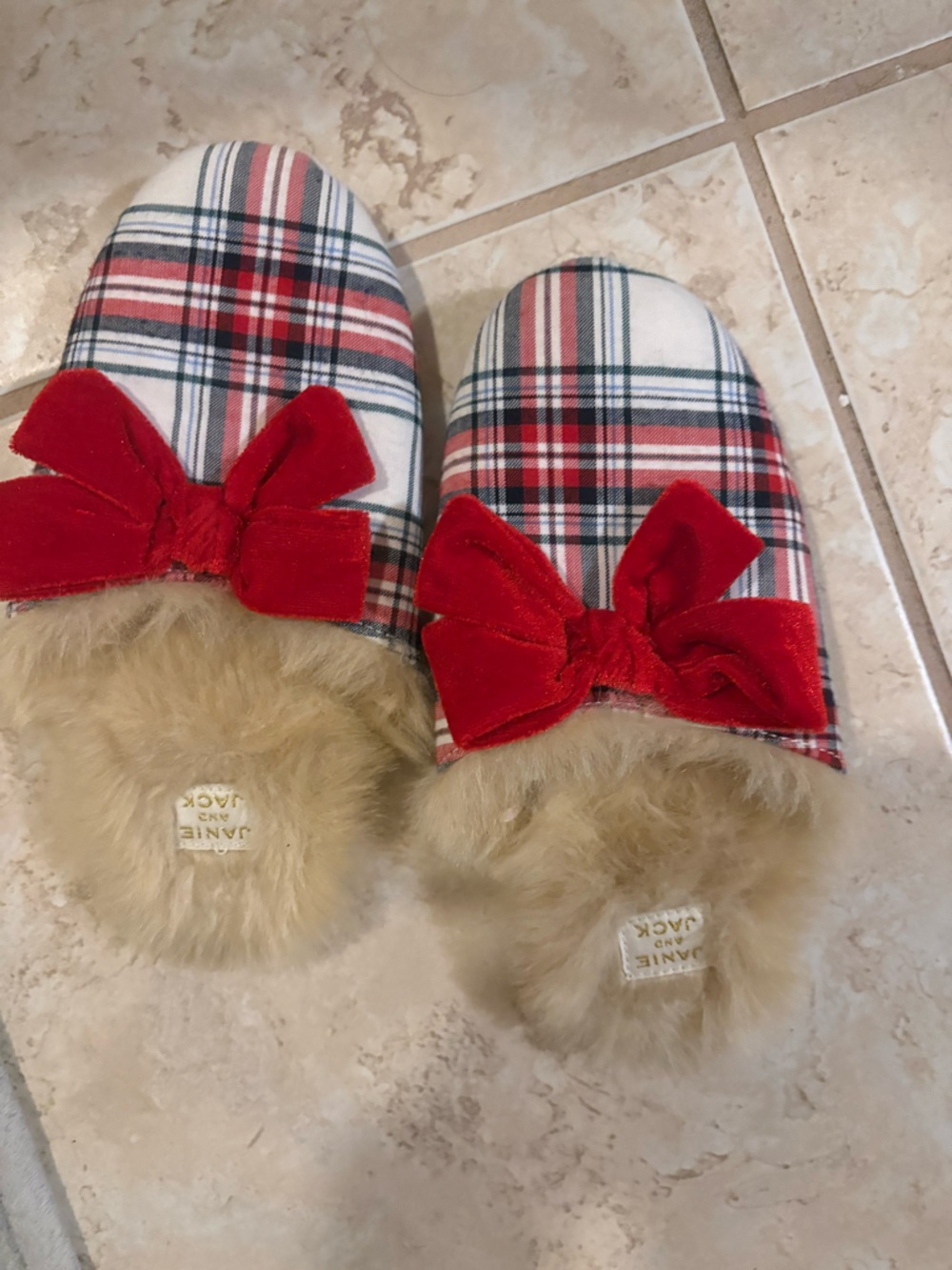 Jamie and Jack Girls Plaid Fur-Lined Slippers with Red Velvet Bow